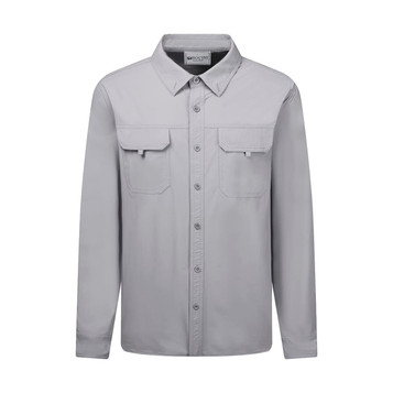 A light grey long sleeve outdoor shirt featuring two chest pockets and a button-up front. It has a logo on the collar.