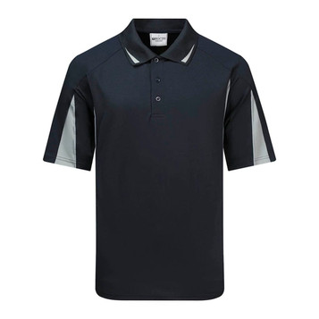 A navy polo shirt with grey accents and a branding logo on the chest. Short sleeves and a classic collar design.