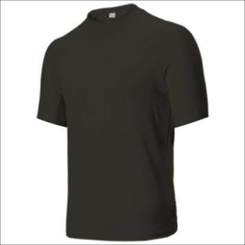 A short sleeve rashie in black, featuring a high neck and smooth fabric. Includes a logo.