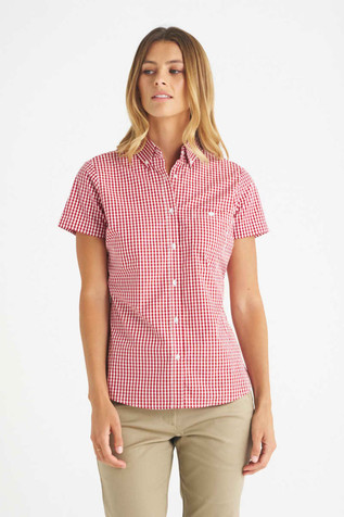 A red and white checked ladies' short sleeve button-up shirt, featuring a logo.