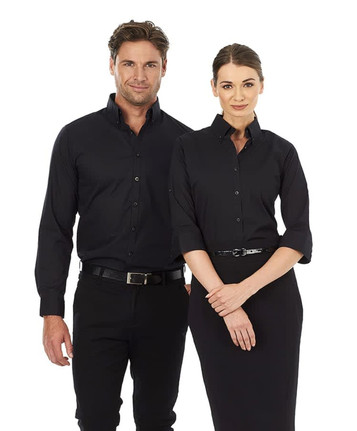A black button-up shirt with 3/4 sleeves, modelled by a man and a woman, both wearing black trousers.