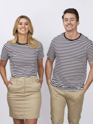A striped black and white unisex T-shirt displayed on two models, one male and one female, paired with beige bottoms.