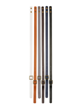 Detachable apron neck straps in various colours, including white, orange, navy, grey, dark green, and black. Each has a buckle.