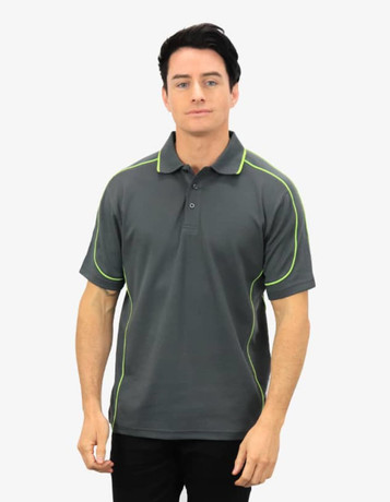 A polo shirt in dark grey with bright green piping, featuring a collar and short sleeves, and a logo on the chest.