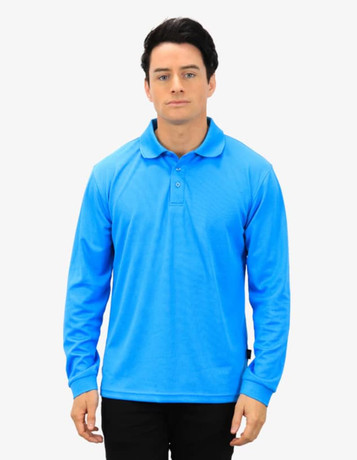 A long-sleeve polo shirt in bright blue with a collar and a logo on the chest.
