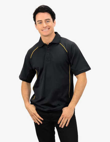 A black polo shirt with yellow accents, displayed on a model smiling. The shirt features a logo.
