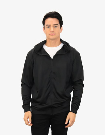 A black hoodie with a zip and a hood, worn by a model. The hoodie has a simple design and includes a logo.