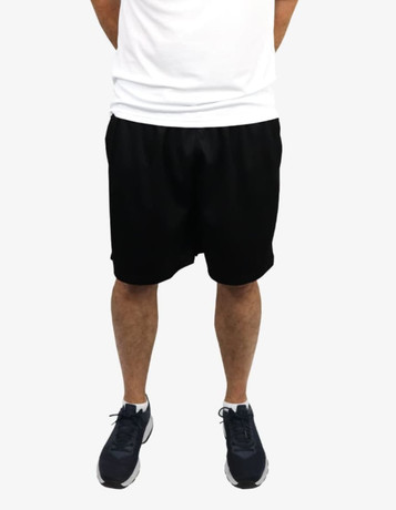 Black sports shorts featuring an elastic waistband and a branded logo. Suitable for athletic activities.