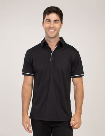 A black polo shirt with white detailing, featuring a collar and short sleeves. It has a logo on the chest.