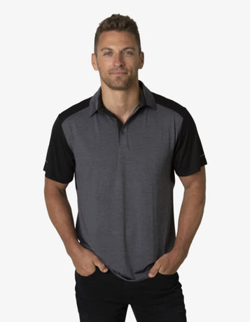 A polo shirt in grey with black sleeves, featuring a logo on the chest.