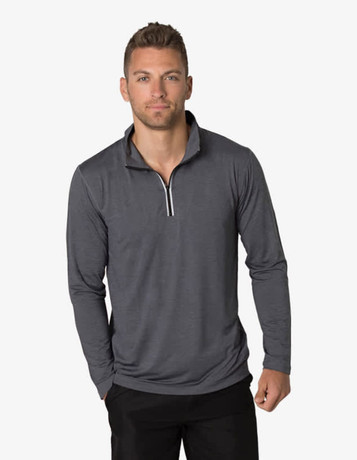 A grey long-sleeve t-shirt with a quarter zip and a small logo on the chest.