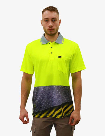 A bright yellow polo shirt featuring a grey collar, patterned lower section, and a logo on the chest pocket.