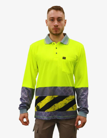 A long-sleeve work polo shirt in high-visibility yellow with patterned grey and black design elements. It features a logo.