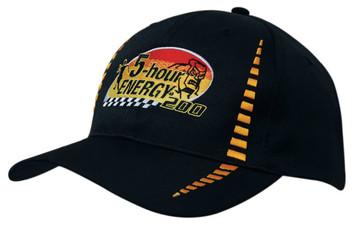 A black cap featuring a small check pattern and an embroidered logo. The cap has yellow detailing and a structured design.