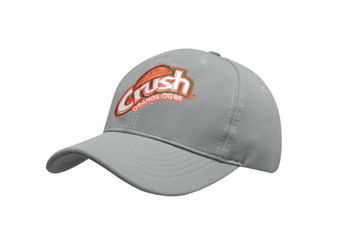 A grey cap featuring a logo on the front, with a curved brim and textured fabric.