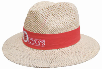A straw hat with a wide brim and a red band, featuring a logo.