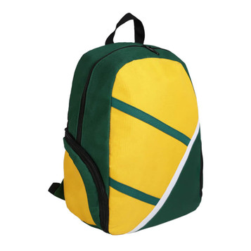 A green and yellow backpack with a distinct design and a zipper closure. It has a logo on the front.