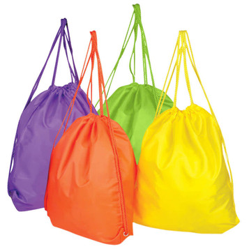 Four drawstring bags in vibrant colours: purple, orange, green, and yellow, each with matching drawstrings.
