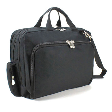 A black conference bag featuring multiple zippered compartments and a shoulder strap, with one side pocket.
