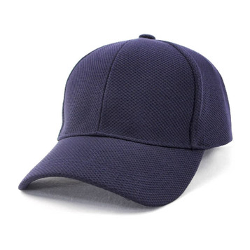 A navy fitted cap with a mesh design and a curved brim, featuring a logo on the front.