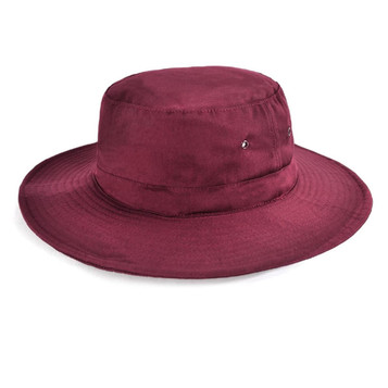 A burgundy Polyviscose school hat with a wide brim and two decorative accents on the side. Features a smooth finish.