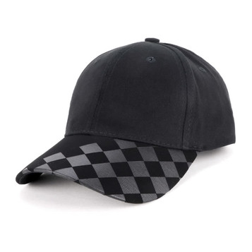 A black cap featuring a checkered pattern on the brim and a logo.