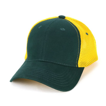 A green and yellow cap with a mesh back, featuring a logo on the front.