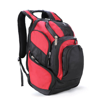 A red and black backpack featuring multiple compartments and a logo.