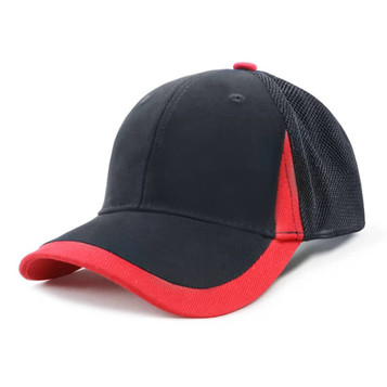 A black and red cap with a solid front and mesh back, featuring a logo on the front.