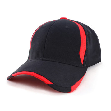 A black cap with red accents, featuring a curved visor and a branding logo.