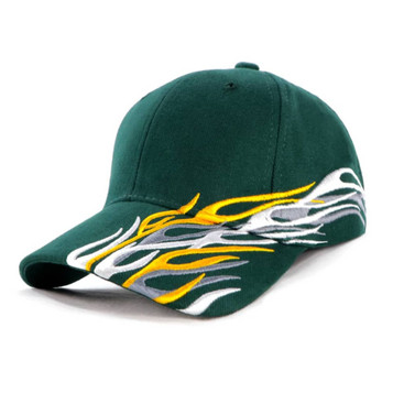 A green cap featuring striking yellow and white flame designs on the brim, with a logo on the front.