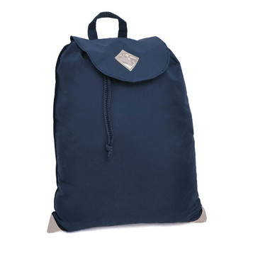 A navy blue satchel bag with a rounded top, adjustable drawstring closure, and a handle. It features a logo.
