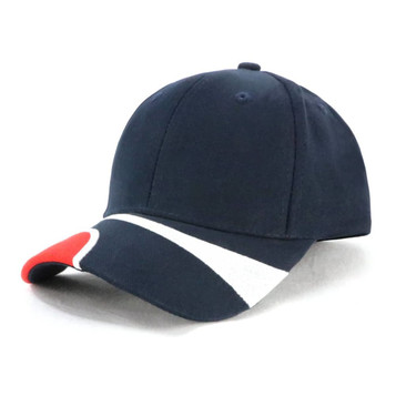 A navy cap with a patterned peak featuring red and white accents. It includes a branding logo on the front.