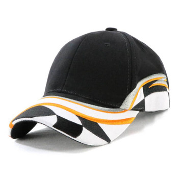 A black cap with a multi-coloured striped design on the brim and a logo on the side.