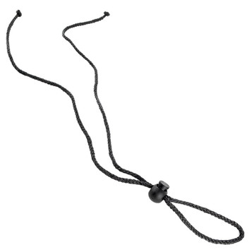 A black rope with a toggle for adjusting tightness, featuring a round bead for securing.