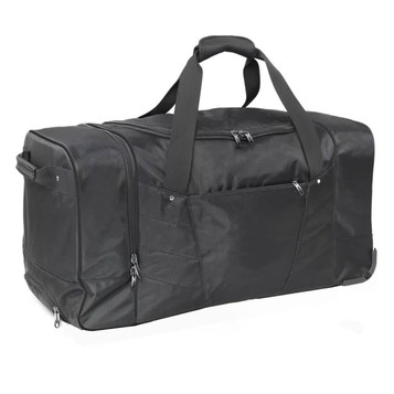 A large black wheeled bag with multiple compartments and handles for easy transport. It features a logo.