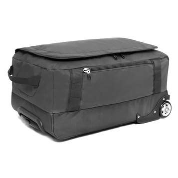 A wheeled bag in black with a zippered top and side handle, designed for easy transport.
