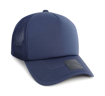 A navy trucker cap made from polyester and mesh, featuring a logo on the front panel.