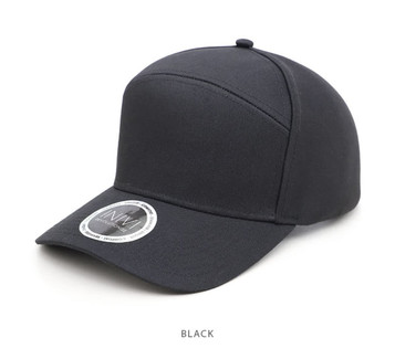 A black polycotton cap featuring a structured three-panel design and a circular logo.
