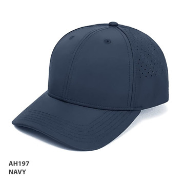 A navy baseball cap with a perforated design and a structured front. It features a logo on the side.