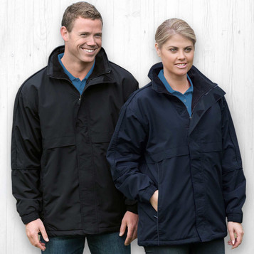 A black and a navy rain jacket displayed on two models, featuring a logo on each jacket.