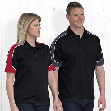 Two models wearing Dri Gear Challenger Polo shirts in black, featuring red and grey accents. The shirts have a logo.