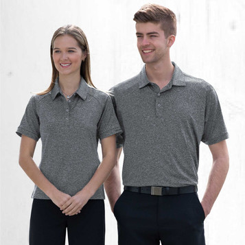 A grey melange polo shirt is worn by two models, one male and one female, against a light backdrop.