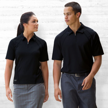 A black Dri Gear Active Polo for men and women, featuring a zippered collar and a logo on the side.