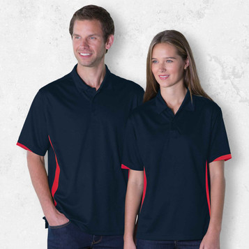 A navy polo shirt with red side accents, displayed on a male and female model. It features a logo on the chest.