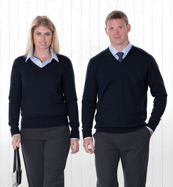 A navy Merino Detailed Vee Pullover sweater for men and women, featuring a classic V-neck design.