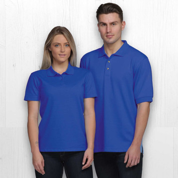 A blue Jacquard Ottoman Balmoral Polo for men and women, featuring a collar and a logo on the chest.