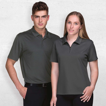 A dark grey polo shirt for women, featuring a collar and a zippered front. The product includes a branding logo.