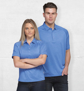 A blue polo shirt for women, featuring short sleeves and a collar, paired with a matching men's polo shirt. Both have branding.