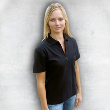 A black women's polo shirt with a zippered collar, featured on a model against a concrete background.